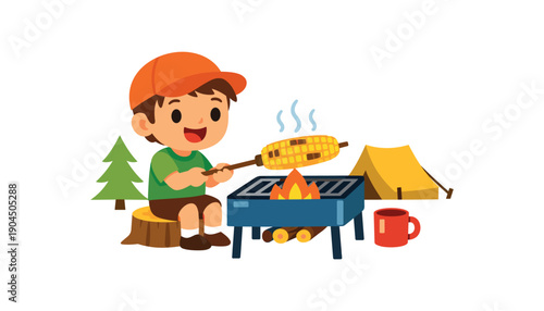 child roasting corn on cob over camp grill little steam lines camping dinner for kids clean shapes. colored flat icon vector illustration
