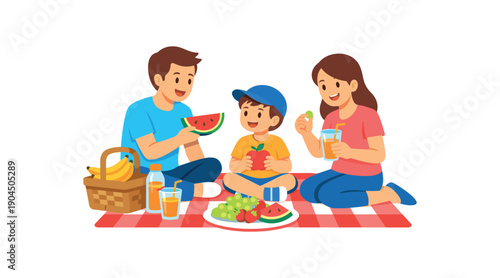 parents and child sitting on picnic blanket sharing fruit and juice together outdoor family day clean shapes. colored flat icon vector illustration