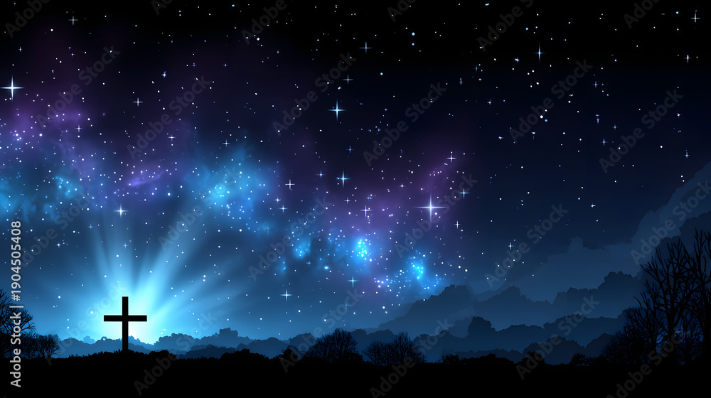 Naklejka premium Cross stands, beacon of Spiritual Hope, beneath magnificent Night Sky. Twinkling Stars illuminate vibrant Galaxy, from which Divine Light radiates with gentle Glow.
