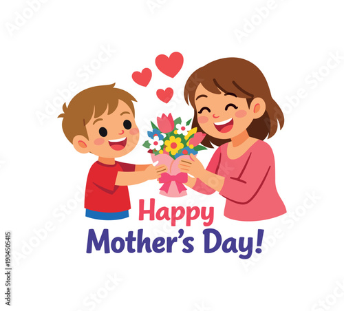 child giving bouquet of flowers to mom smiling celebration of mothers day clean shapes. colored flat icon vector illustration