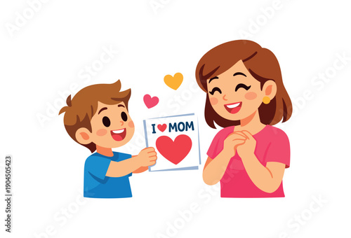 kid presenting handmade heart card to mom mothers day gift symbol clean shapes. colored flat icon vector illustration