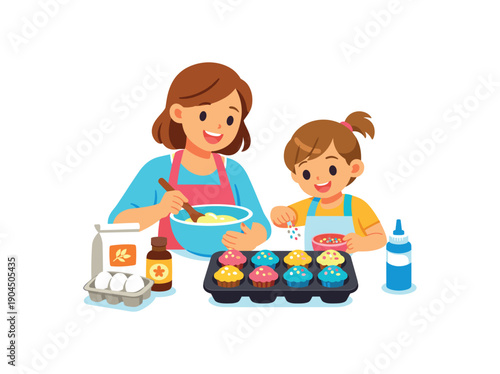mom and child baking cupcakes together kitchen bonding activity clean shapes. colored flat icon vector illustration