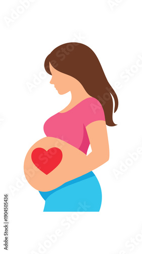 pregnant mother silhouette with heart on belly motherhood symbol clean shapes. colored flat icon vector illustration