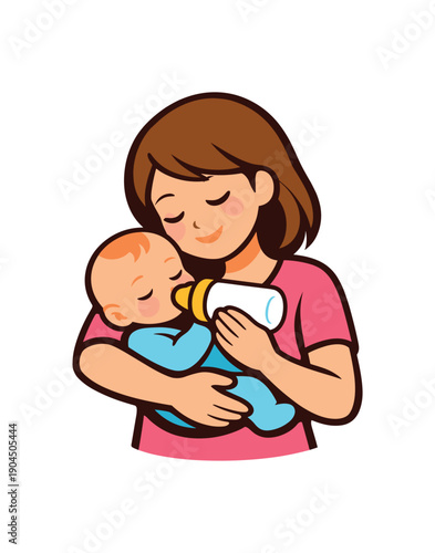 mom holding baby bottle and cuddling infant gentle care icon clean shapes. colored flat icon vector illustration