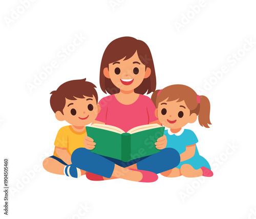 mom sitting with two kids reading book family story time clean shapes. colored flat icon vector illustration