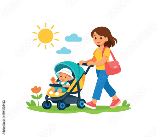 mother pushing stroller with baby sunny walk clean shapes. colored flat icon vector illustration