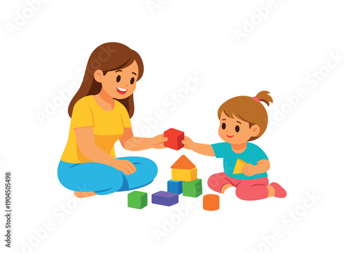 mom and toddler playing with blocks on floor home family time clean shapes. colored flat icon vector illustration