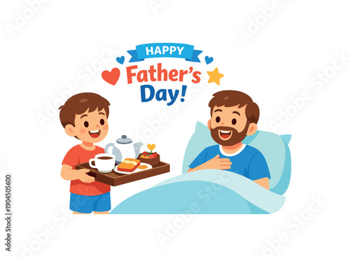 child bringing tray with tea and toast to dad bed fathers day breakfast surprise clean shapes. colored flat icon vector illustration