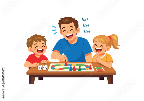 dad and two kids playing board game at coffee table laughter and dice family fathers day evening clean shapes. colored flat icon vector illustration