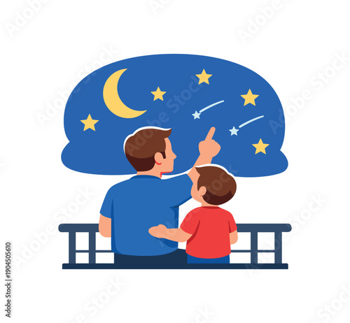 dad and child looking at stars together from balcony simple night sky fathers day moment clean shapes. colored flat icon vector illustration