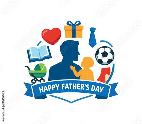 big emblem fathers day with central dad silhouette surrounded by heart gift tie ball book stroller and child complete fathers day concept clean shapes. colored flat icon vector illustration