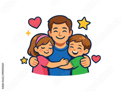 group hug with dad middle and kids on both sides heart and strong family bond clean shapes. colored flat icon vector illustration