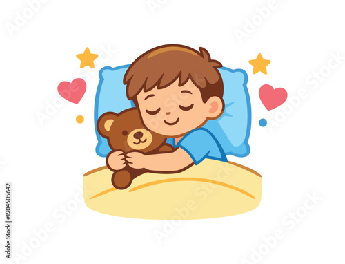 child hugging favorite plush toy bed tiny heart and comfort memory clean shapes. colored flat icon vector illustration