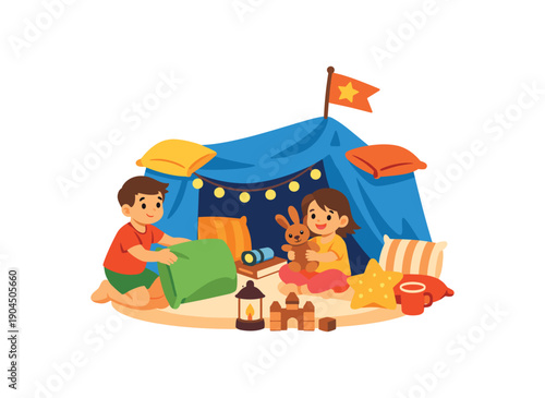 siblings building huge pillow fort living room cozy childhood moment clean shapes. colored flat icon vector illustration