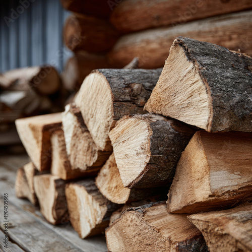 Stack of natural firewood logs on rustic wooden surface