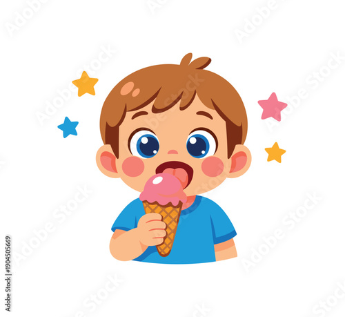child tasting ice cream for first time wide eyes and tiny special treat memory clean shapes. colored flat icon vector illustration