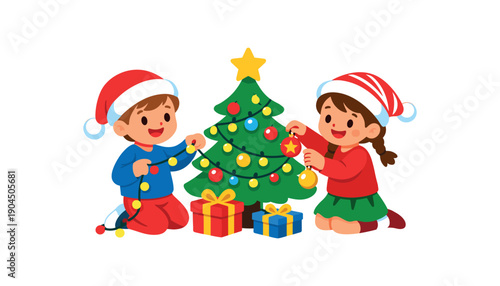 siblings decorating small tree with lights and baubles festive childhood tradition clean shapes. colored flat icon vector illustration