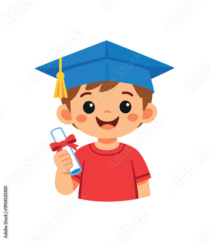 child wearing paper graduation cap from preschool holding small diploma proud milestone clean shapes. colored flat icon vector illustration