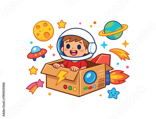 child sitting cardboard box spaceship drawn stars around imagination highlight childhood clean shapes. colored flat icon vector illustration