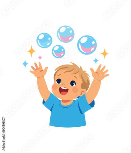 toddler seeing bubbles float for first time reaching hands up sparkling wonder memory clean shapes. colored flat icon vector illustration