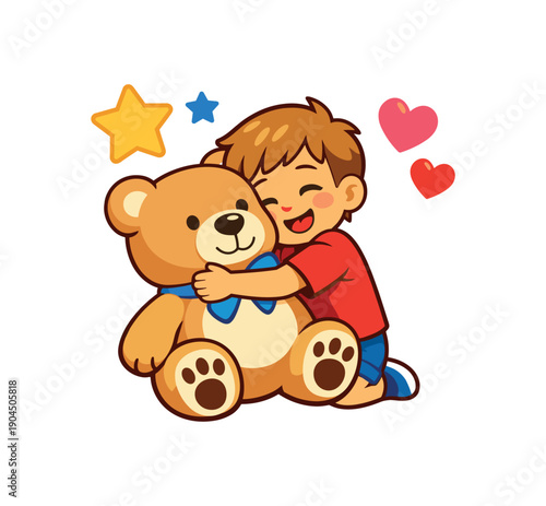 kid hugging big stuffed animal won at fair and heart joyful memory clean shapes. colored flat icon vector illustration