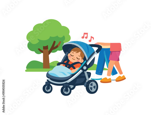 kid sleeping stroller under tree during family walk peaceful outdoor nap memory clean shapes. colored flat icon vector illustration