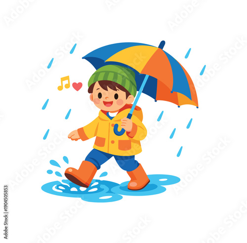 kid opening umbrella and walking gentle rain splash puddles cozy rainy day memory clean shapes. colored flat icon vector illustration