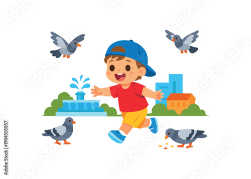 toddler chasing pigeons little birds flying playful city memory clean shapes. colored flat icon vector illustration