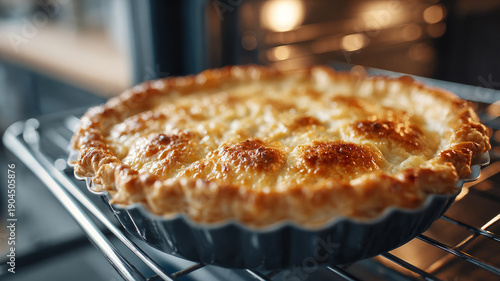 Golden homemade pie baking in oven with flaky crust