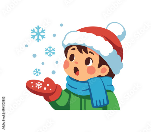 child watching snowflakes land on mitten first snow wonder moment clean shapes. colored flat icon vector illustration