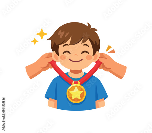 child receiving first medal from sports game ribbon and proud smile achievement moment clean shapes. colored flat icon vector illustration