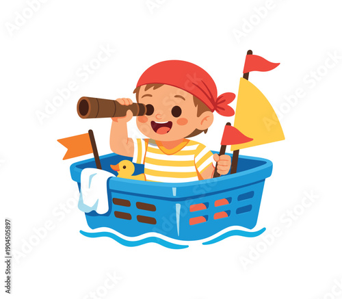 toddler sitting inside laundry basket pretending boat imaginative play memory clean shapes. colored flat icon vector illustration