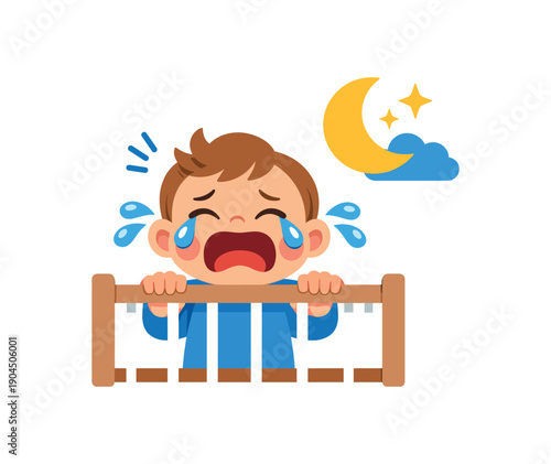 toddler grabbing bars of crib crying big tear and moon icon bedtime tantrum symbol clean shapes. colored flat icon vector illustration