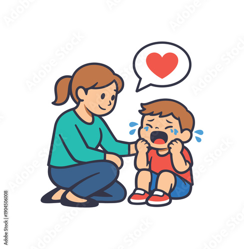 parent kneeling next to crying child calm face heart speech bubble supportive response to tantrum clean shapes. colored flat icon vector illustration