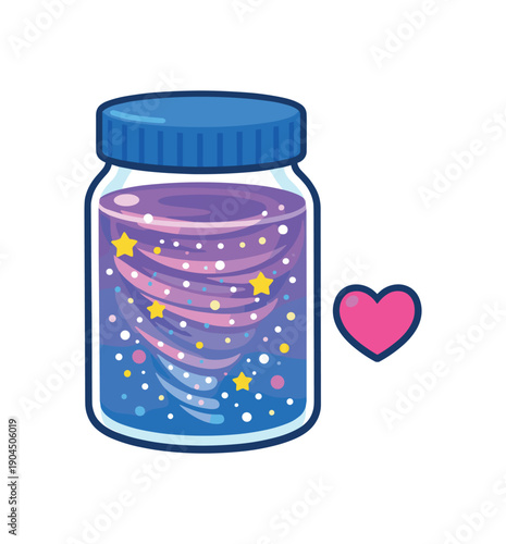 calm down jar with glitter swirling inside small heart icon sensory help during meltdown clean shapes. colored flat icon vector illustration