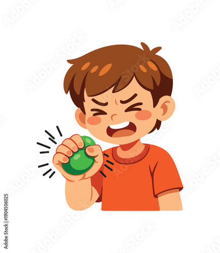 child squeezing stress ball tight with tiny tension lines self regulation during strong emotions clean shapes. colored flat icon vector illustration