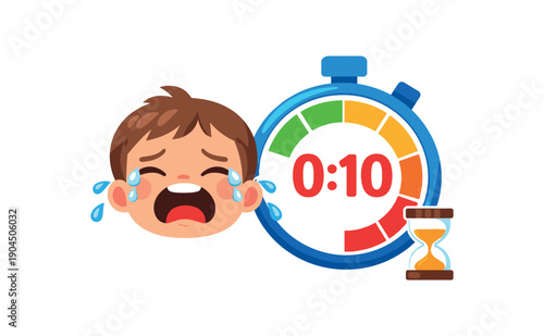 timer icon near crying child countdown visual ending of tantrum limit clean shapes. colored flat icon vector illustration