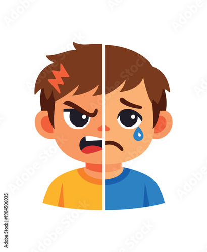 kid with half angry half sad face split color emoticon complex feelings behind tantrum clean shapes. colored flat icon vector illustration