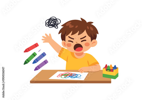 child throwing crayons from table small scribble cloud frustration during drawing clean shapes. colored flat icon vector illustration