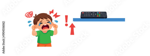 child crying next to switched off tv remote placed high frustration over screen limit clean shapes. colored flat icon vector illustration