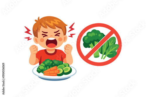 child yelling near plate of veggies crossed greens icon food refusal tantrum clean shapes. colored flat icon vector illustration