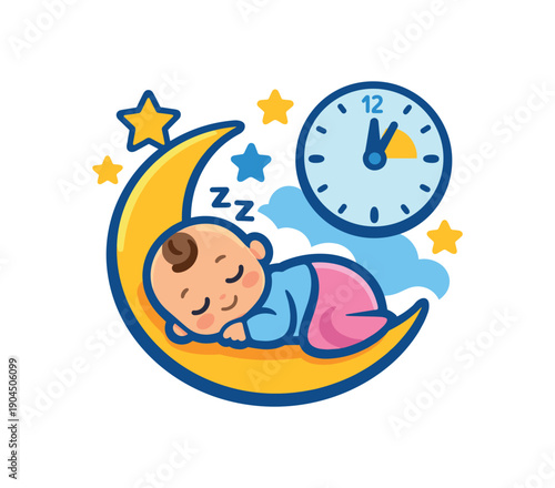 moon stars and sleeping newborn baby birth time night sky metric icon clean shapes. colored flat icon vector illustration