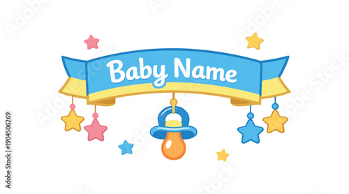 baby name banner with stars and small pacifier hanging cute birth detail card element clean shapes. colored flat icon vector illustration