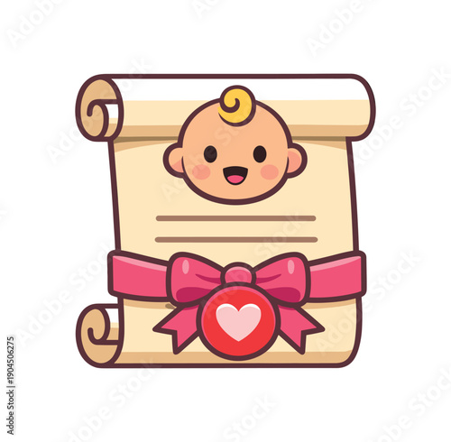 baby birth certificate scroll with ribbon and tiny heart official newborn record symbol clean shapes. colored flat icon vector illustration