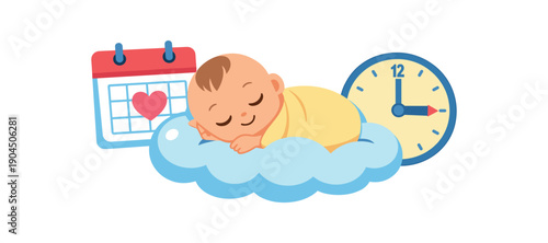 newborn sleeping on cloud with calendar and clock birth time memory clean shapes. colored flat icon vector illustration