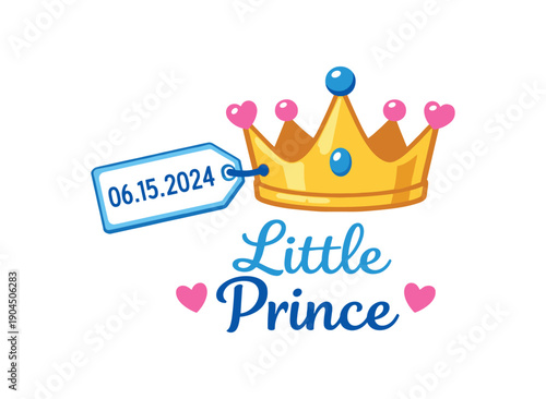 tiny baby crown with date tag little prince or princess birth keepsake clean shapes. colored flat icon vector illustration