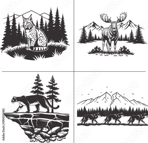 Minimalist Wild Animal and Forest Nature Double Exposure T Shirt Design Bundle