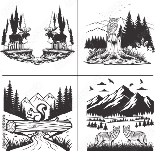 Minimalist Wild Animal and Forest Nature Double Exposure T Shirt Design Bundle