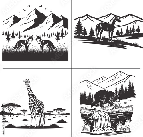Minimalist Wild Animal and Forest Nature Double Exposure T Shirt Design Bundle