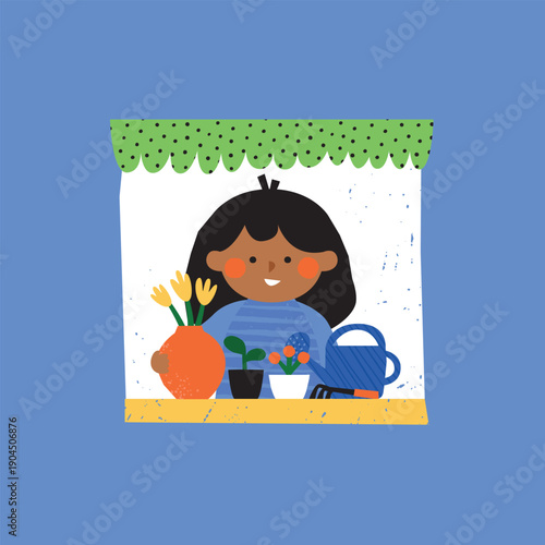 Girl caring for plants on window sill, simple flat illustration for kids, indoor gardening and calm home routine